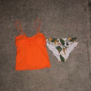Orange Tankini Top with Tropical Print Bikini Bottoms